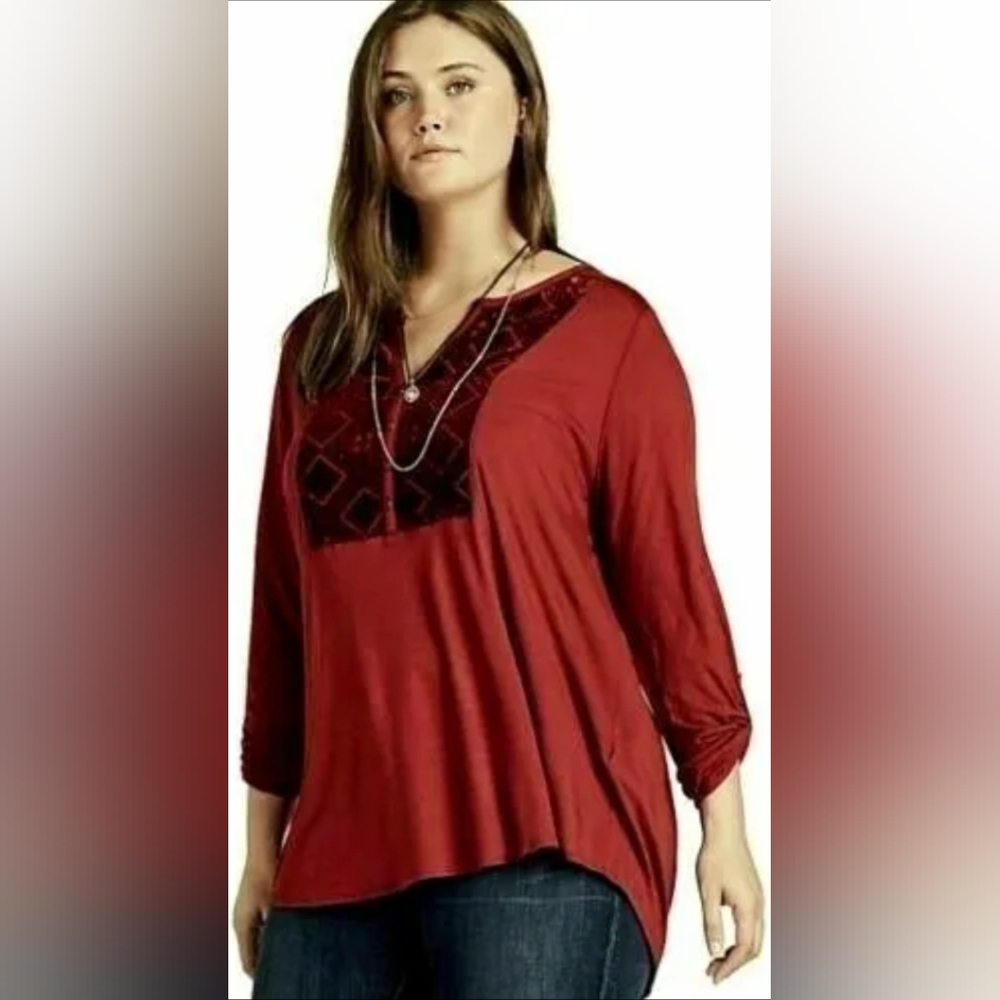 Lucky Brand Womens Red Wine Burnout Henley w/Velvet Details- 2X NWT